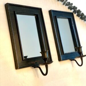 Set of 2 Rustic Wooden Beveled Mirror w/ Metal Candle Holder